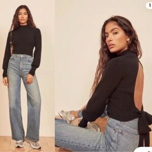 Reformation Osteria open back tie mock neck Black Long Sleeve sweater
